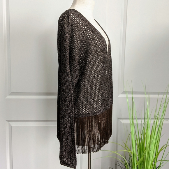 Liu Jo Cardigan Open Metallic Knit Fringe Semi Sheer Lightweight Brown L NWT - Picture 3 of 8